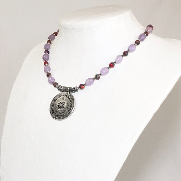 Silver Tribal Coin Medallion Choker with Lavender Quartz Nuggets - Picture 2 of 6
